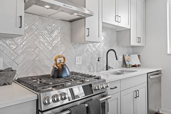 a kitchen with a stove and a sink
